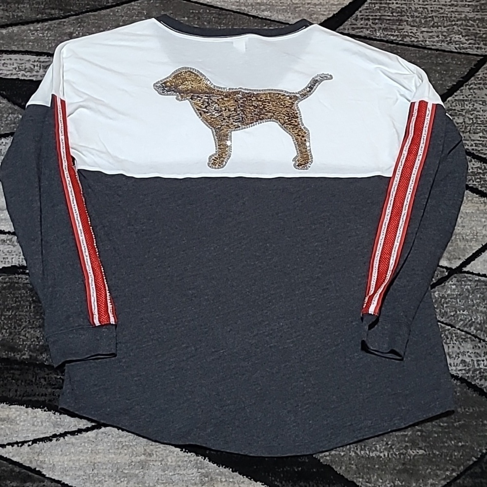 VS PINK 2018 SILVER SEQUINS DOG LOGO RHINESTONES ARMS V-NECK LONG-SLEEVE…